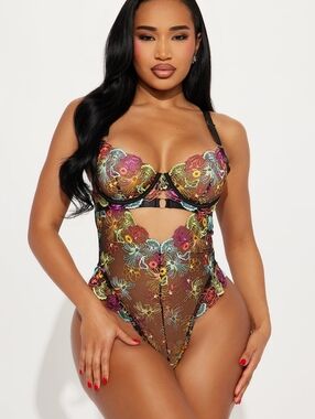 Fashion Nova | NWT Yours Truly Embroidered Mesh Thong Teddy Large